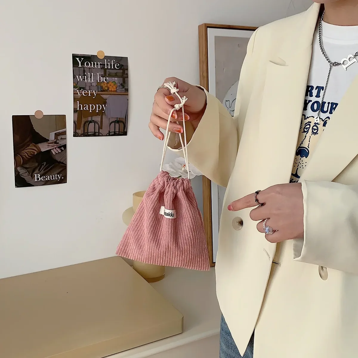 sac à cosmétiques à cordon de couleur unie, 1 pièce, pochette de voyage pour cosmétiques, rouge à lèvres, bonbons, sac d'emballage cadeau de noël, sac de rangement