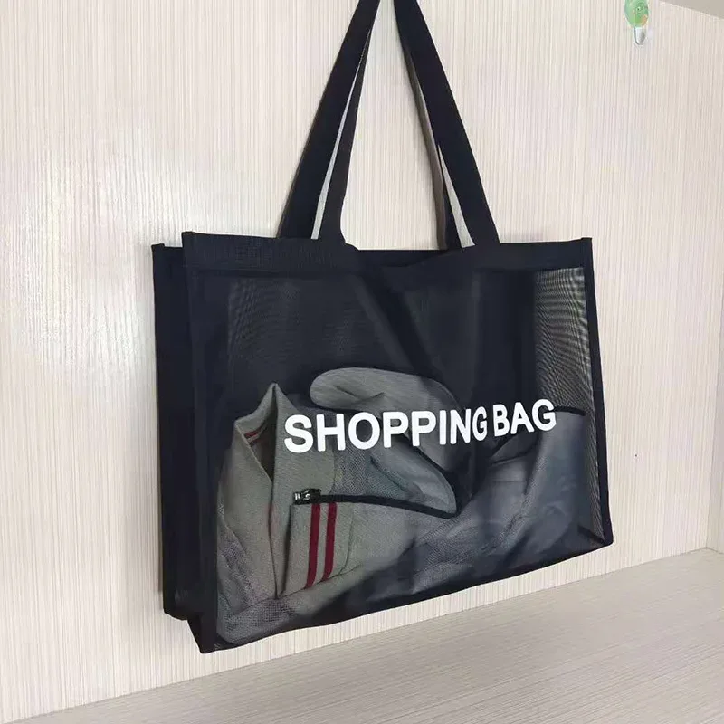 Sac à provisions en maille de nylon avec logo personnalisé, sac de grande capacité, sac de voyage de plage respirant, transparent, personnalisé, initié, stockage Clo