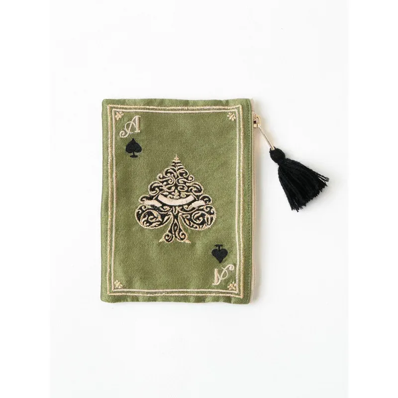 sac de maquillage à motif de carte de poker brodé à la main de style japonais, sac de rangement portable de style ethnique pour cartes de monnaie, sac de rangement à pompon rétro