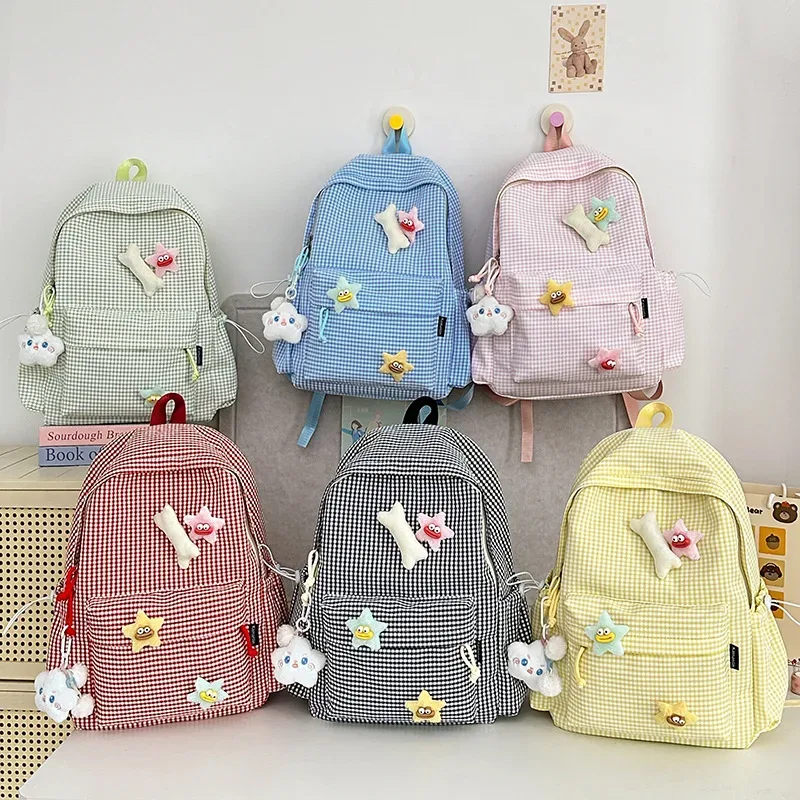 sac à dos pour femme style campus, motif écossais simple, grande capacité, décontracté, pour voyage, sac à double bandoulière en nylon, style frais et doux