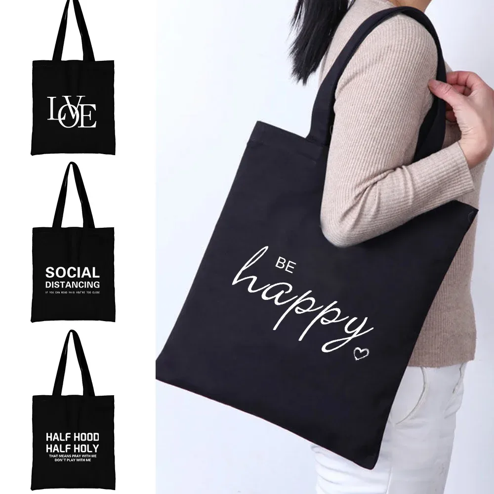 Sac de courses en toile pour femmes, sacs à bandoulière, sac à main de shopping, sacs d'épicerie, texte imprimé, nouvelle mode, fourre-tout de rangement écologique