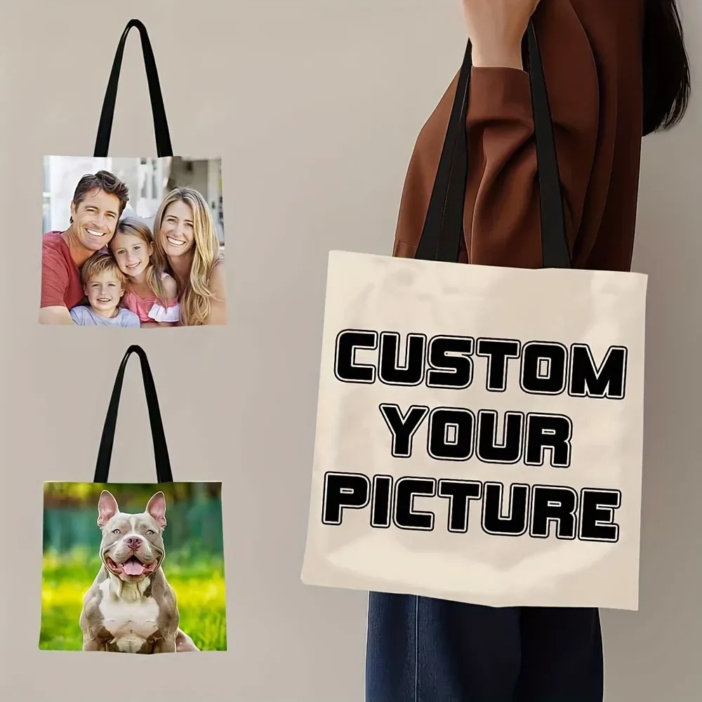 sac fourre-tout en polyester personnalisé, sac à bandoulière pliable avec impression de photos personnalisées, sac de rangement au design réutilisable, sacs de courses