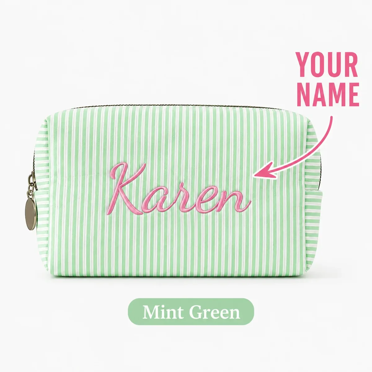 trousse de maquillage personnalisée avec nom pour femmes, pochette cosmétique rayée avec fermeture éclair, sac de rangement personnalisé pour articles de toilette de voyage