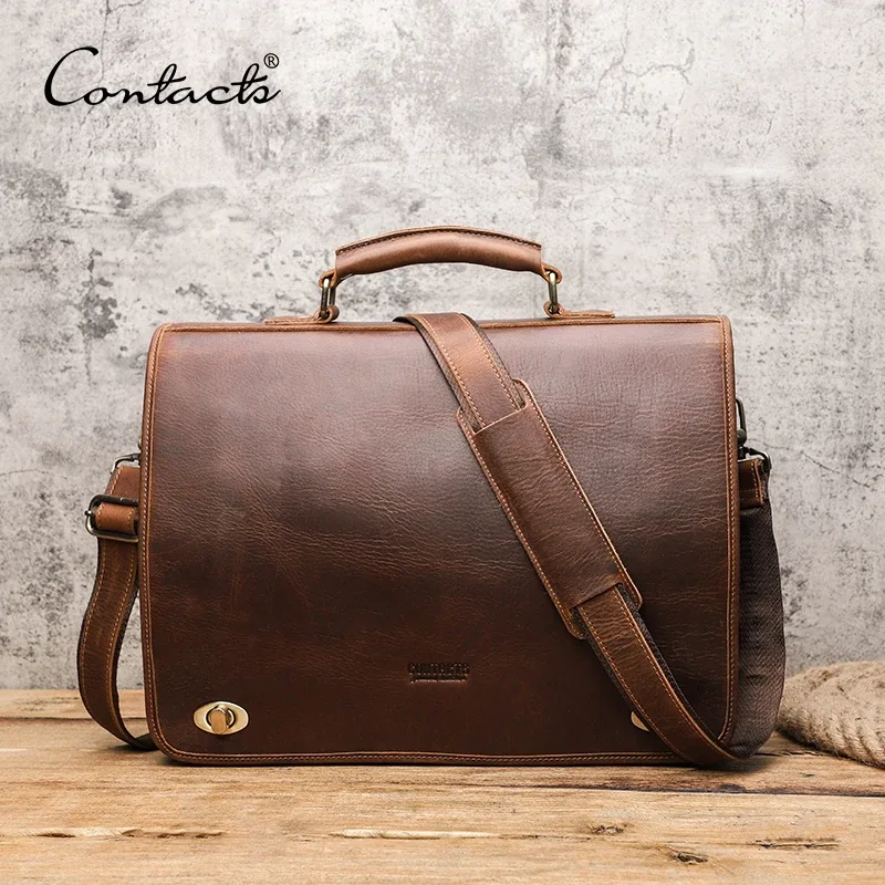 contact's-sac à main en cuir pour hommes d'affaires, sacoche à rabat de marque de luxe, fourre-tout de 15.6 pouces