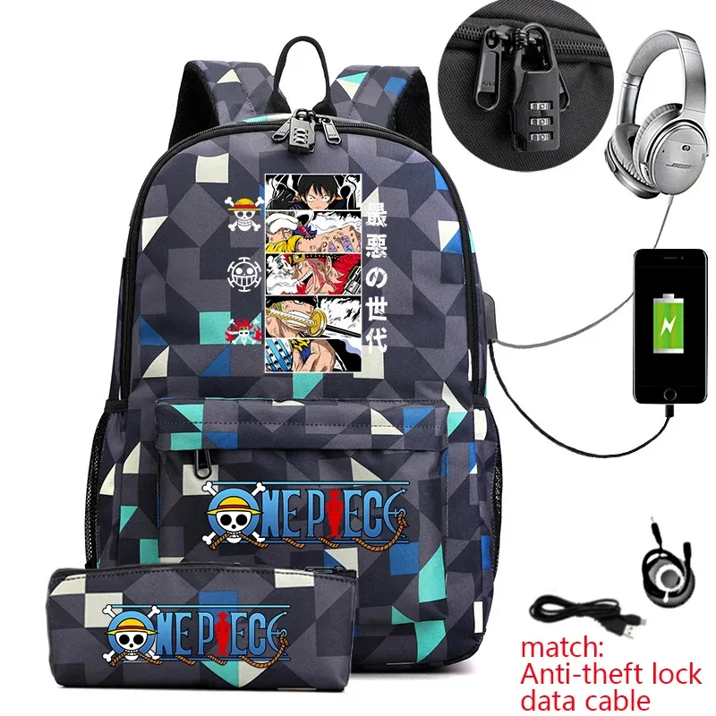 sac à dos d'étudiant imprimé one piece luffy, sac d'école décontracté antivol avec trousse à crayons pour garçons et filles