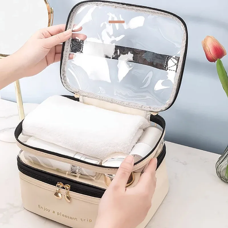 sac de toilette imperméable en pvc pour femme 2026, sac de voyage portable en cuir, grande capacité, organiseur de maquillage de voyage