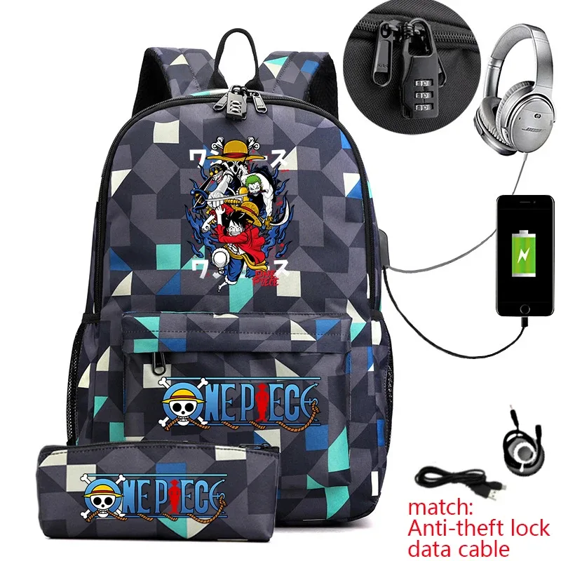 sac à dos d'étudiant imprimé one piece luffy, sac d'école décontracté antivol avec trousse à crayons pour garçons et filles