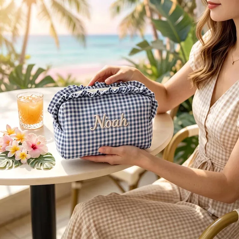 pochette à maquillage personnalisée avec une délicate bordure à volants, jolie pochette cosmétique coréenne douce, idéale pour un usage quotidien ou en vacances, cadeau pour demoiselle d'honneur
