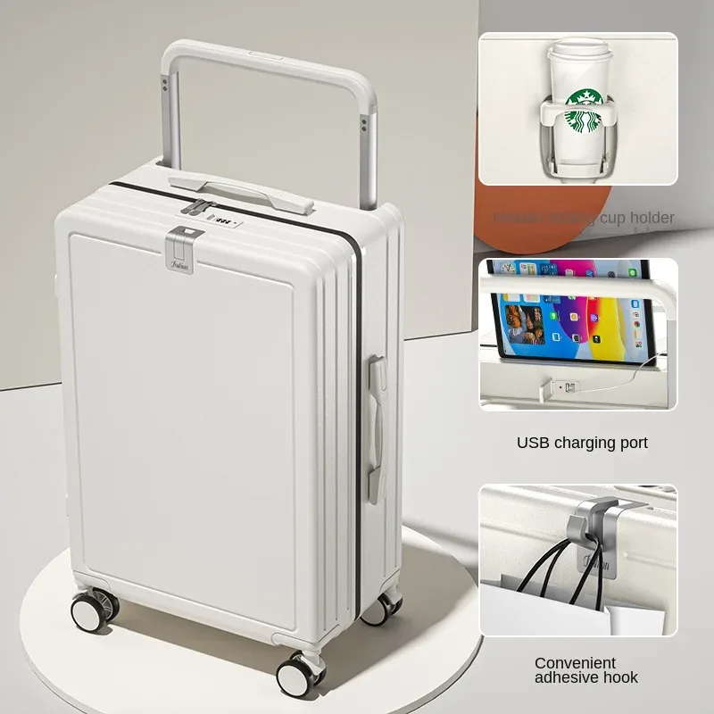 valise multifonctionnelle à roulettes avec poignée large, fermeture éclair, porte-gobelet, port usb, 20 pouces, bagage à main pour voyage