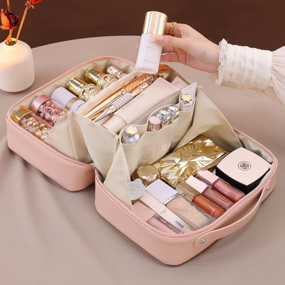 sac de maquillage en cuir pu étanche de grande capacité, sac de rangement de cosmétiques de voyage portable pour femmes, sac de lavage de soins de la peau
