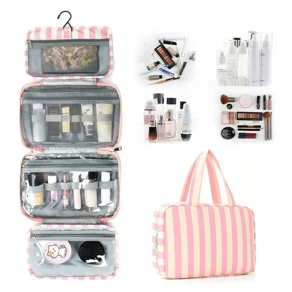 Sac de toilette de voyage portable à suspendre, organisateur de cosmétiques à 4 compartiments rayés avec crochet, sac de cosmétiques de grande capacité pour voyage