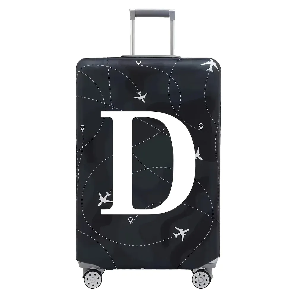 cette housse de valise extensible s'adapte aux valises de 18 à 32 pouces et présente un motif de lettres a-z blanches imprimé sur la surface.