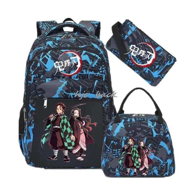 lot de 3 sacs à dos kamado nezuko demon slayer camouflage avec sac à déjeuner pour adolescents, sacs d'école pour étudiants, ensemble de voyage décontracté