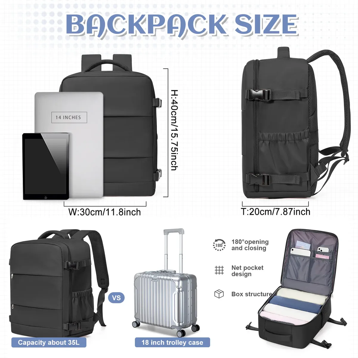Ryanair Cabin Bags 40x30x20 Sac à dos de voyage sous le siège, sac sous vide Sac polochon de voyage, sac à dos de banlieue extérieur décontracté à main