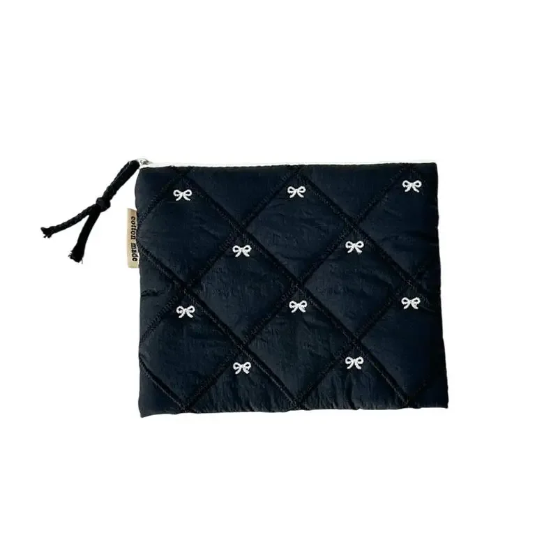 pochette cosmétique matelassée avec nœud brodé, grande capacité, multifonctionnelle, pour papeterie et stylos
