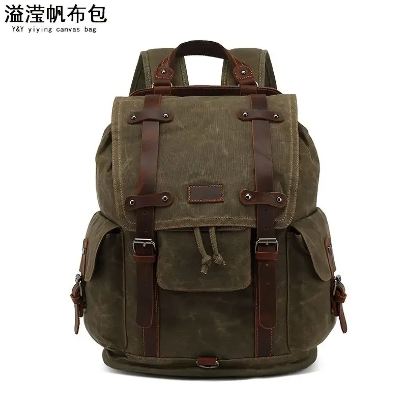 sac à dos vintage en toile et cuir imperméable, sac de voyage, mochila vintage masculine, sac à dos pour homme, sac à dos pour ordinateur portable en toile cirée