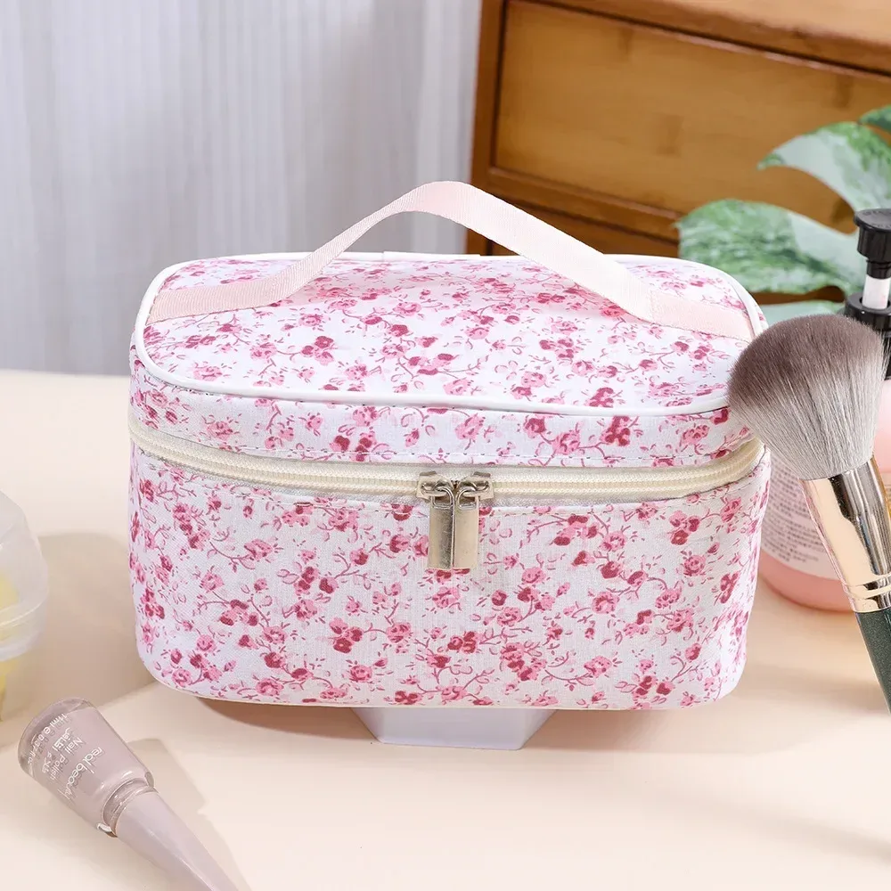 sacs de maquillage en coton pour femmes, trousse à cosmétiques vintage, fourre-tout de grande capacité, sac à main de rangement de cosmétiques portable, sac de rangement de voyage