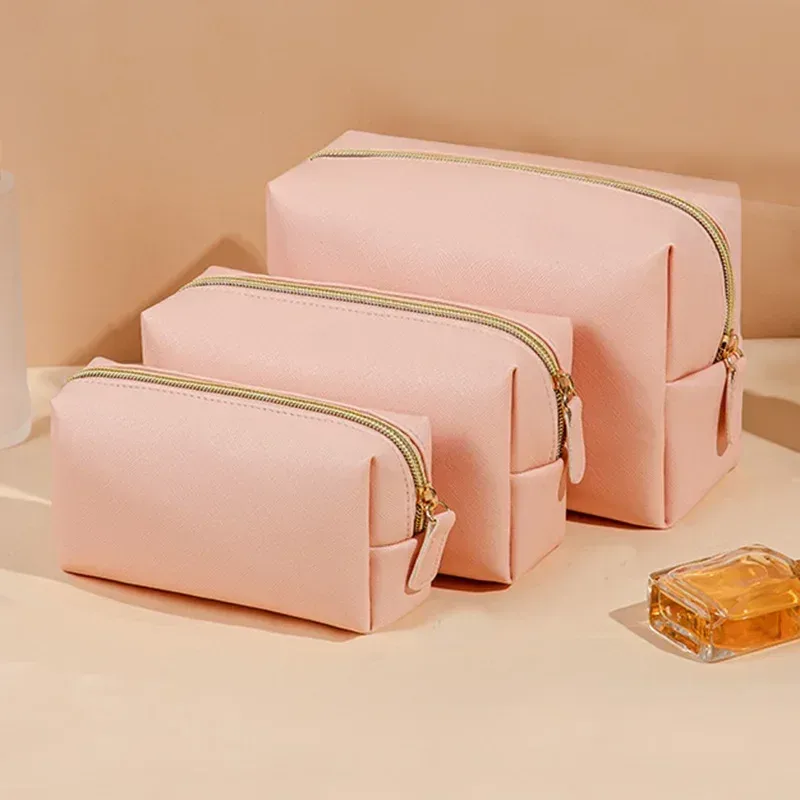 trousse cosmétique étanche en cuir pu, trousse de toilette portable, trousse de maquillage à fermeture éclair, document solide, poudres de maquillage, trousse de voyage