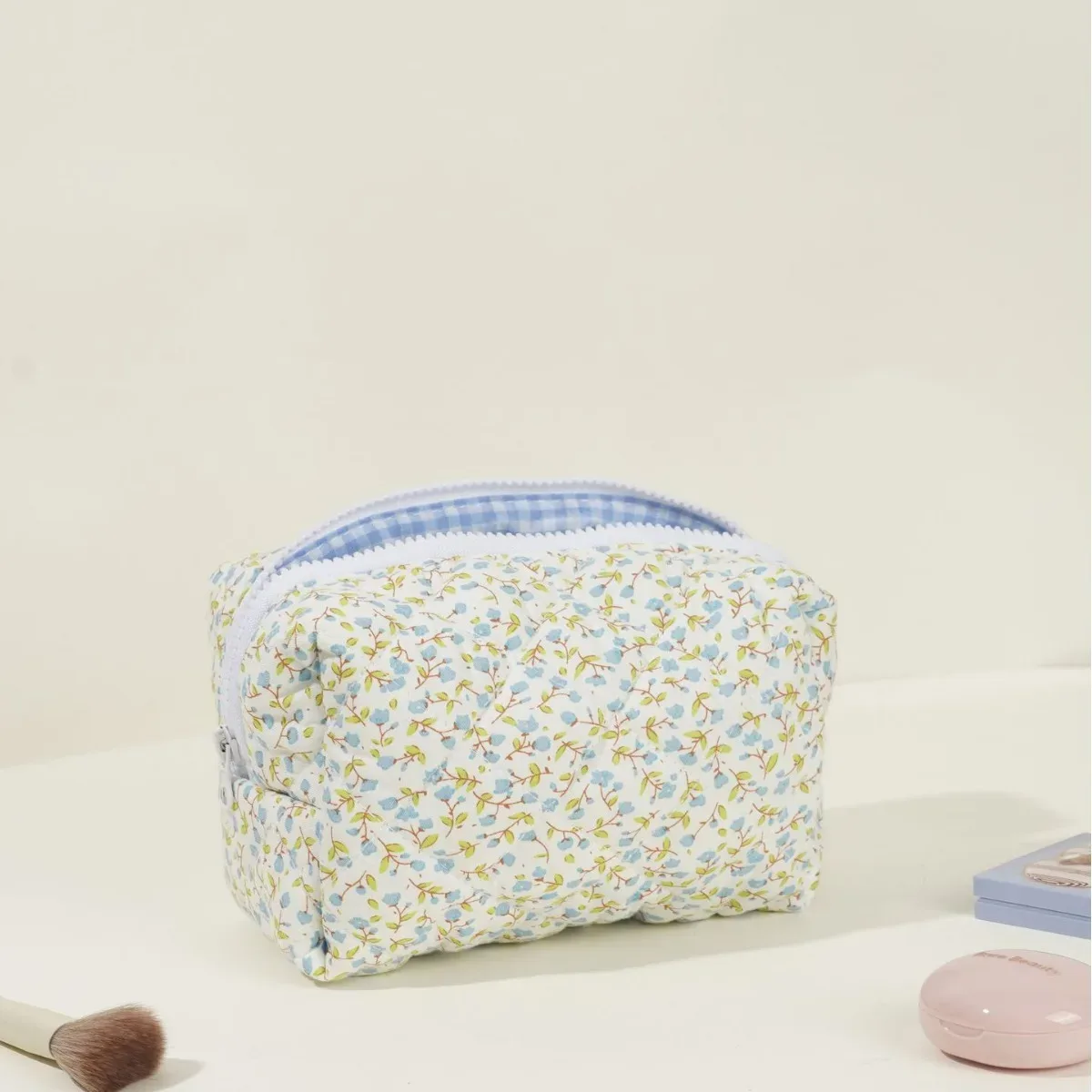pochette de maquillage florale matelassée douce, pochette de voyage en coton portable, trousse de toilette à fermeture éclair, organiseur de rangement pour femmes