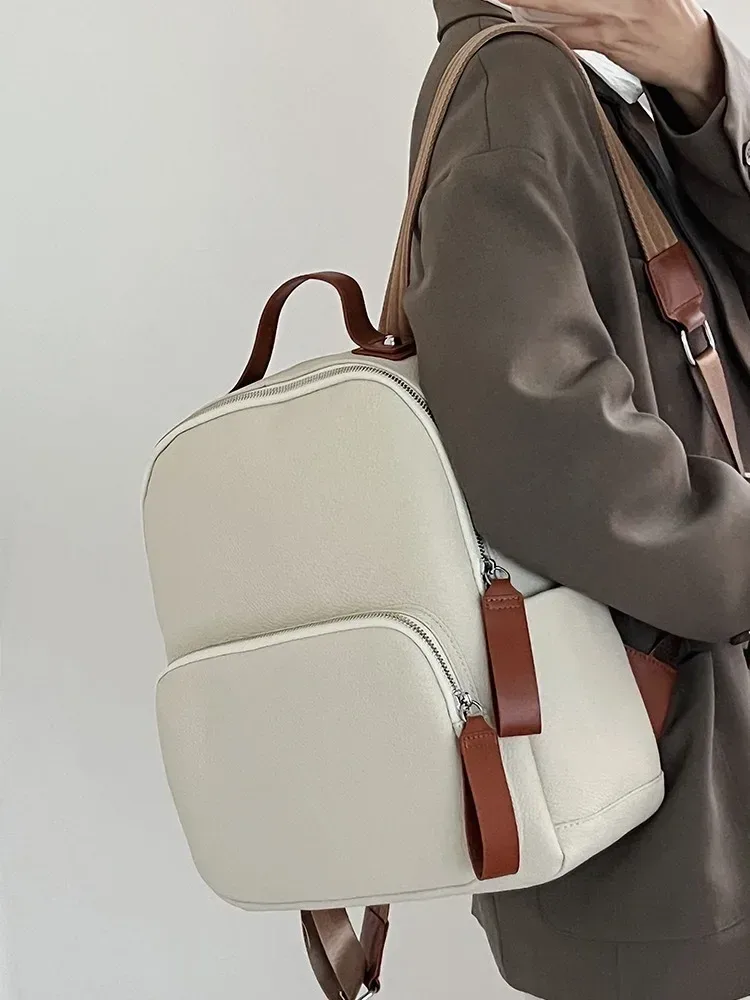 sac à dos en cuir de vachette première couche pour femme, grand sac de voyage pour femme, design tendance, sac d'école pour ordinateur portable, cartable universitaire pour femme