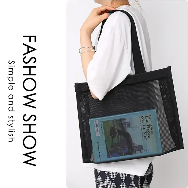 sac fourre-tout en filet noir à lettres simples, multifonctionnel, sac à bandoulière pour la plage, les vacances, le quotidien, le rangement et les accessoires