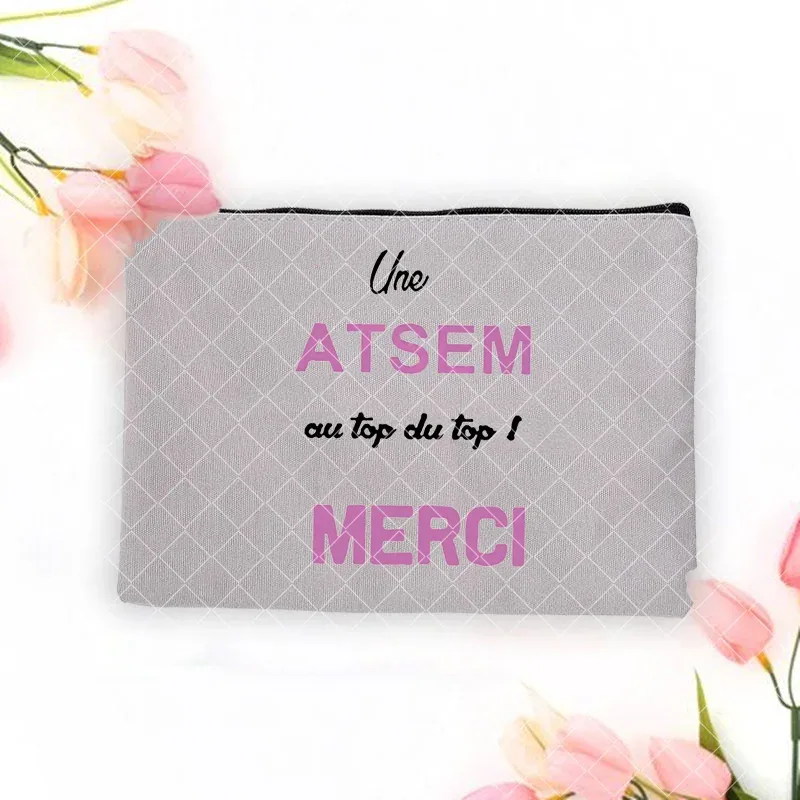 merci atsem – trousse de maquillage imprimée française, grande trousse à crayons, fournitures de papeterie scolaire, sac de rangement, pochette de lavage de voyage, cadeaux pour atsem