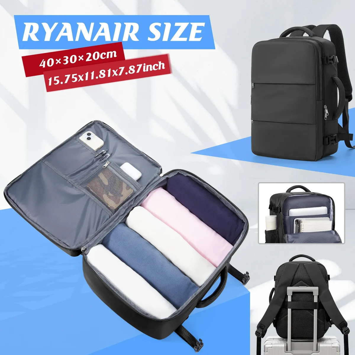 ryanair sac de cabine d'avion 40x30x20 sac à dos de voyage, bagages à main sacs de voyage sac pour ordinateur portable d'affaires femmes hommes sac à dos sac de travail