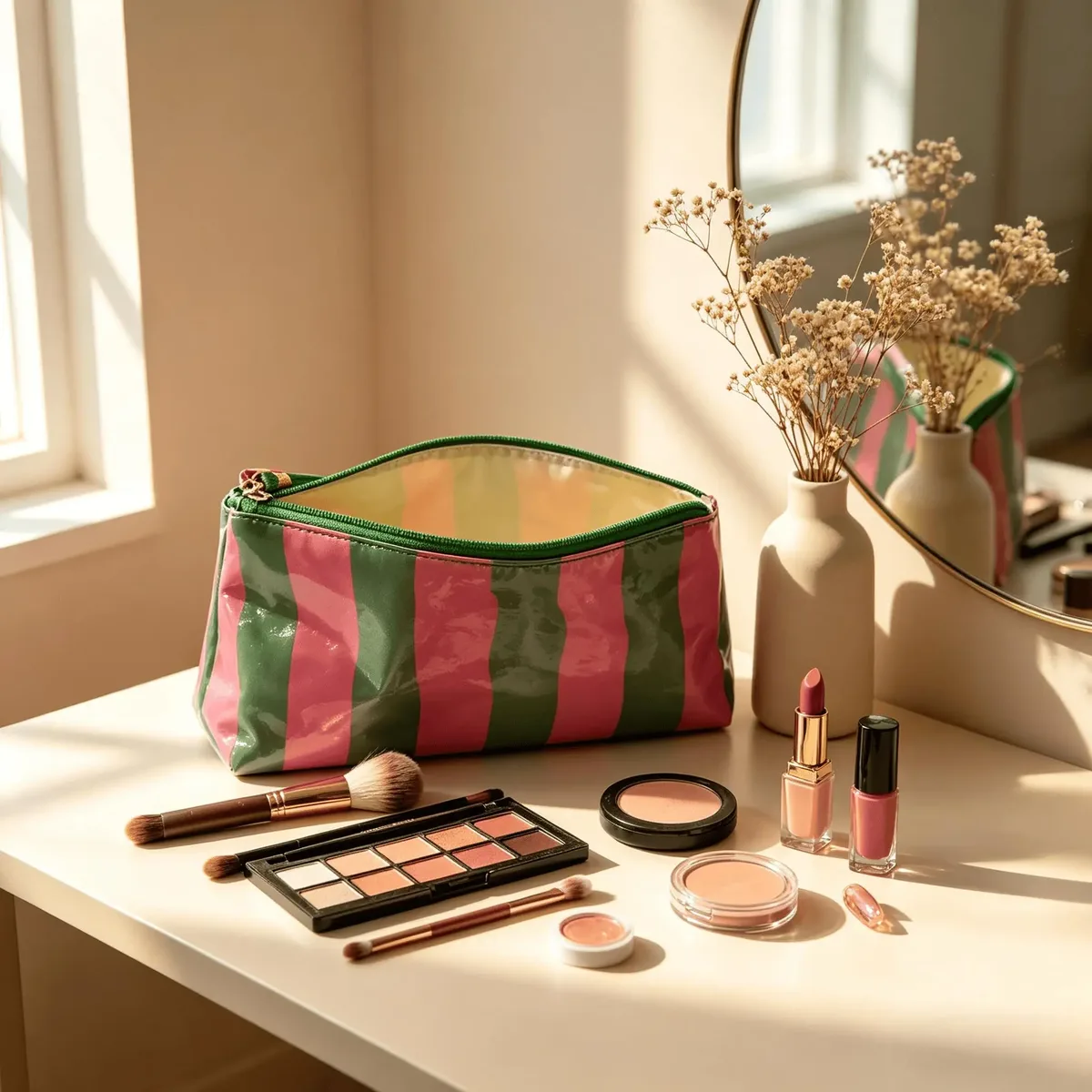 trousse de toilette rayée grande capacité pour femme, sac de maquillage imperméable, trousse de toilette de sport, sac de voyage portable, boîte de rangement en pvc, forme cylindrique, cadeau