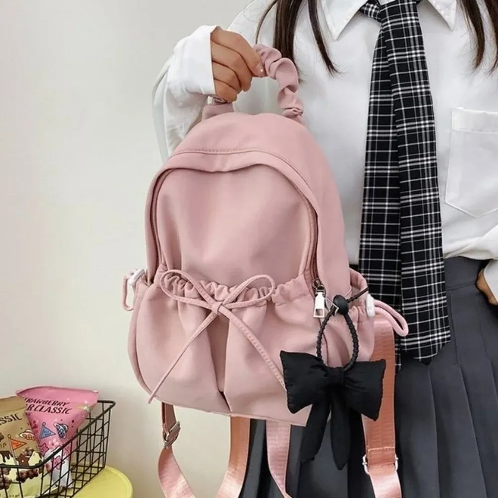 sac à dos à cordon en nylon pour étudiants, grande capacité, design plissé, sac de voyage, bretelles réglables et souples, sac à dos avec nœud.