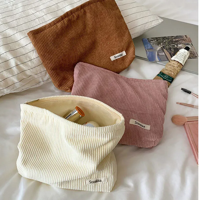 Grands sacs à cosmétiques doux pour femmes, trousse de toilette de maquillage, trousse de maquillage de voyage à la mode, trousse de rangement pour crayons et pinceaux en velours côtelé