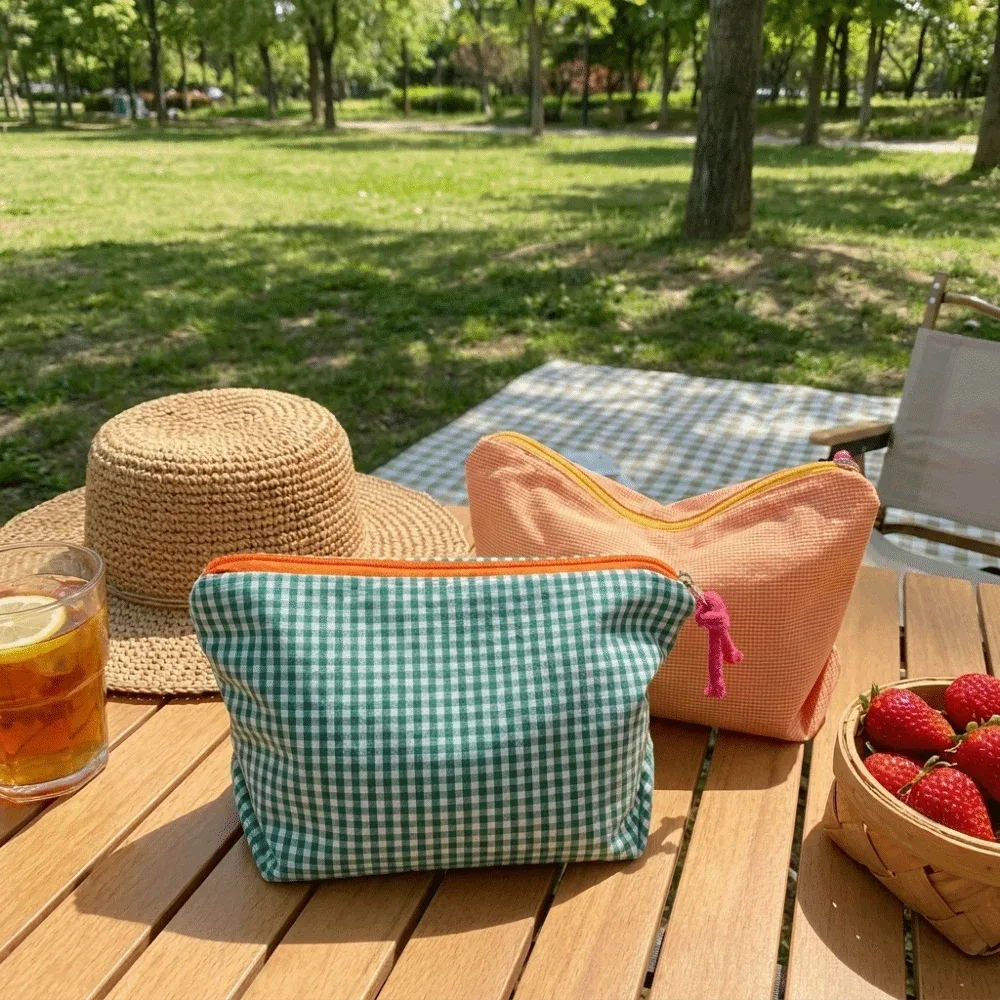 trousse de maquillage simple à carreaux avec fermeture éclair, organiseur de cosmétiques portable, grande capacité, porte-monnaie léger pour femme