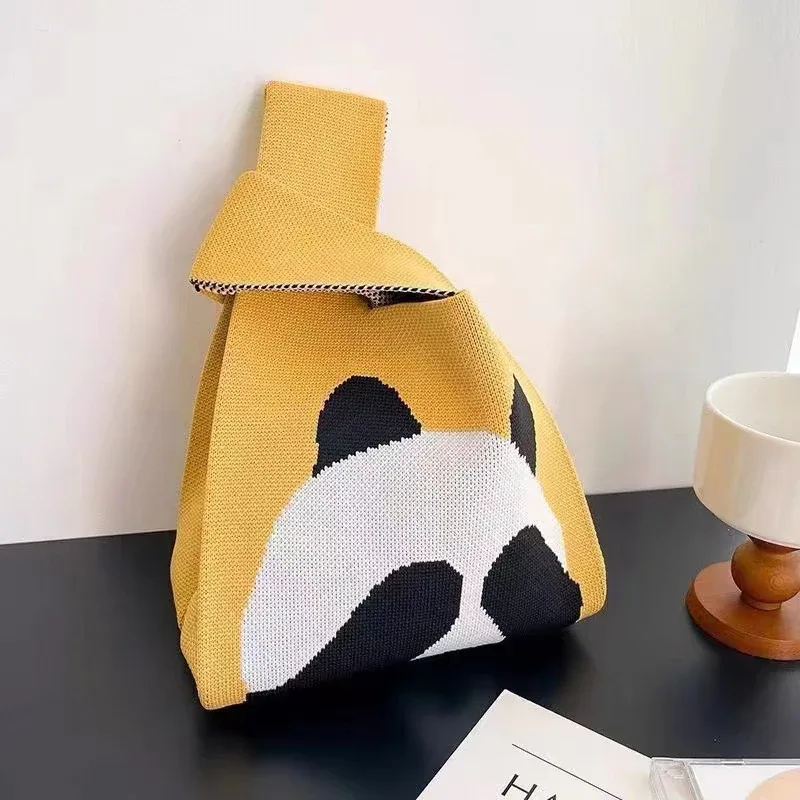 sac à main en tricot fait à la main pour femme, mini sac de poignet à nœud, sac fourre-tout à carreaux à large rayure, sacs à provisions réutilisables pour étudiants, document décontracté japonais