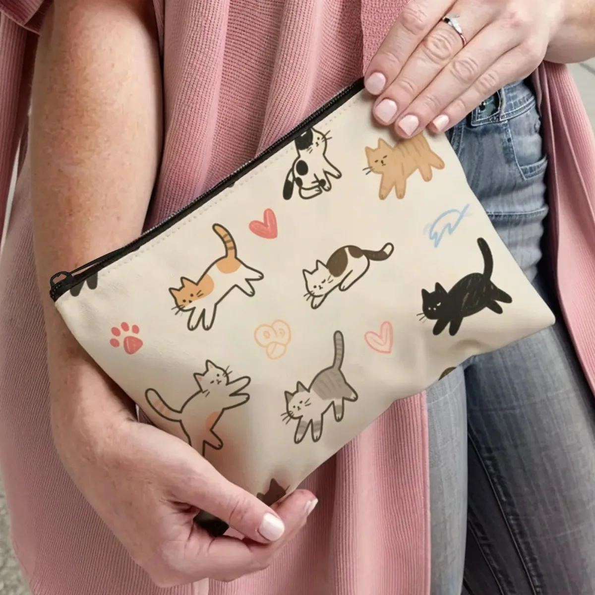 pochette cosmétique ludique en forme de chat de dessin animé, organisateur léger à fermeture éclair, prêt pour les voyages pour les enfants et les parents, vacances aiguisées et utilisation scolaire