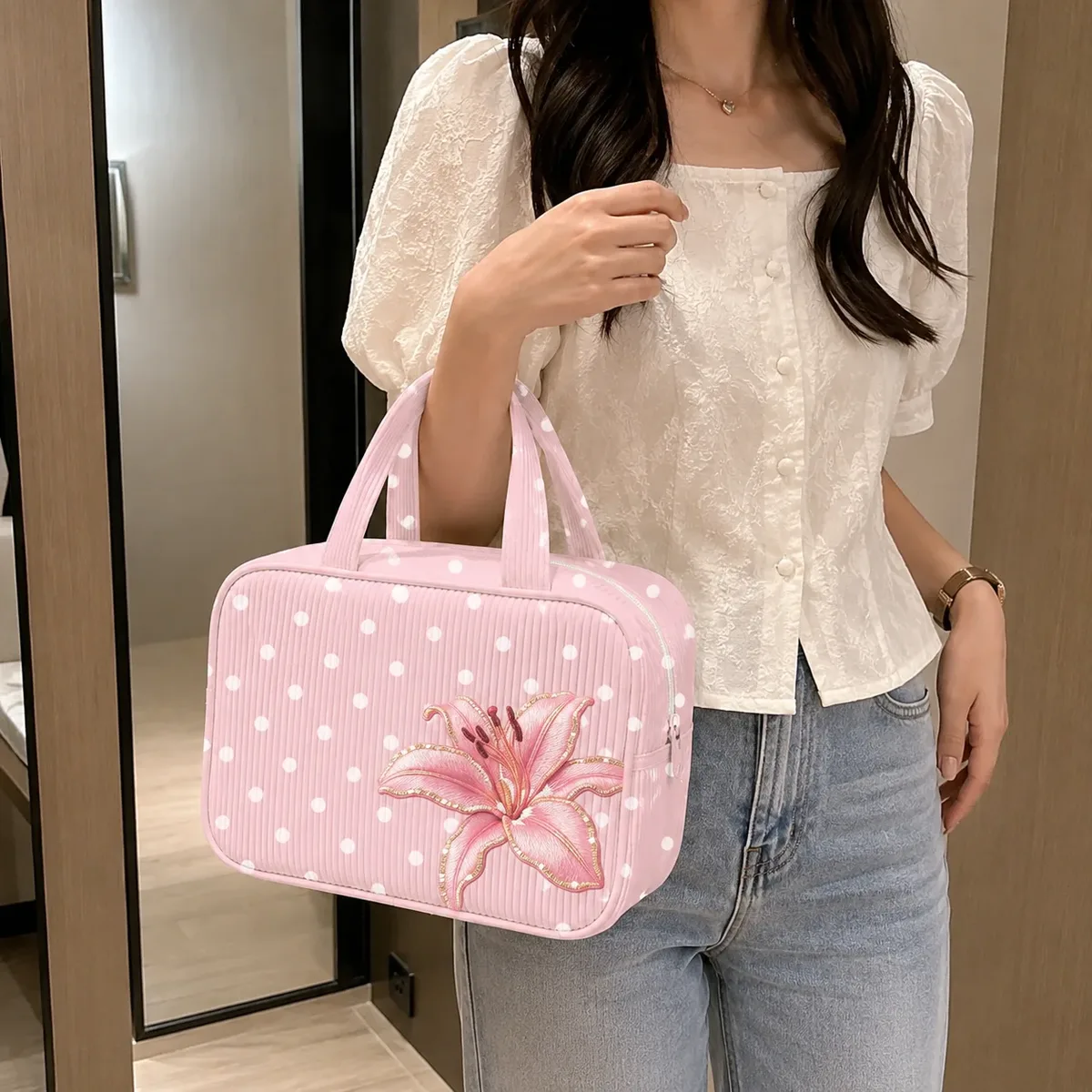 trousse de maquillage rose à pois avec broderie de lys, organiseur de maquillage portable à fermeture éclair pour femmes, voyage, articles de toilette et beauté