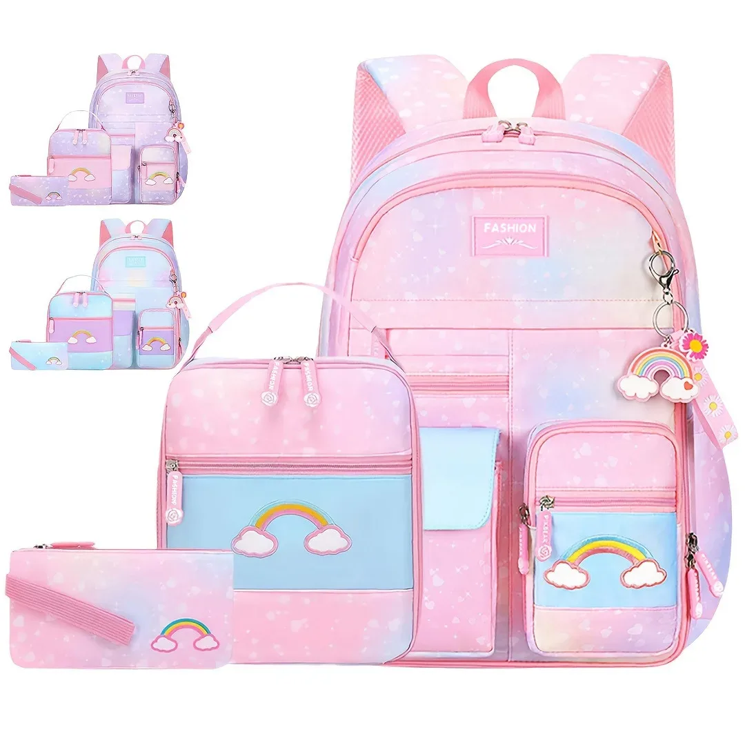 sac à dos scolaire pour filles, 3 pièces/ensemble, avec boîte à lunch et trousse à crayons, pour l'école primaire, le collège et le lycée
