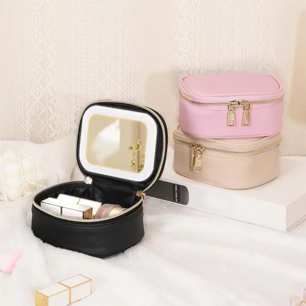 mini trousse de maquillage avec miroir led, petite trousse de toilette de voyage, 3 lumières à luminosité réglable pour femmes, trousse de toilette portable pour le train