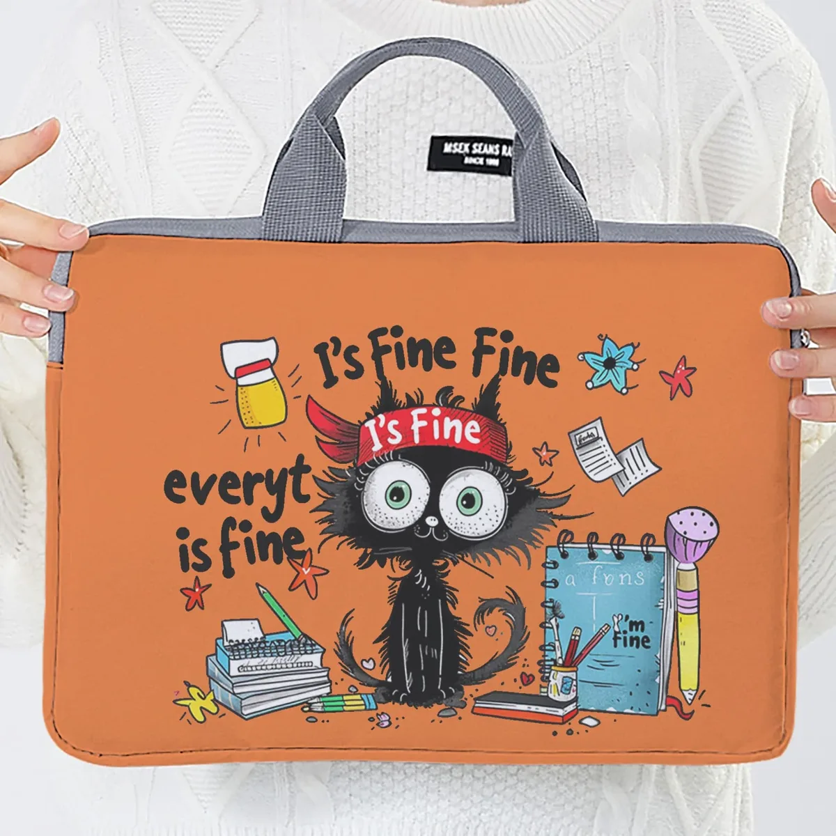 ensemble unique, deux styles, sacoche pour ordinateur portable et porte-documents à motif de chat noir, adapté aux ordinateurs portables de 14 pouces.