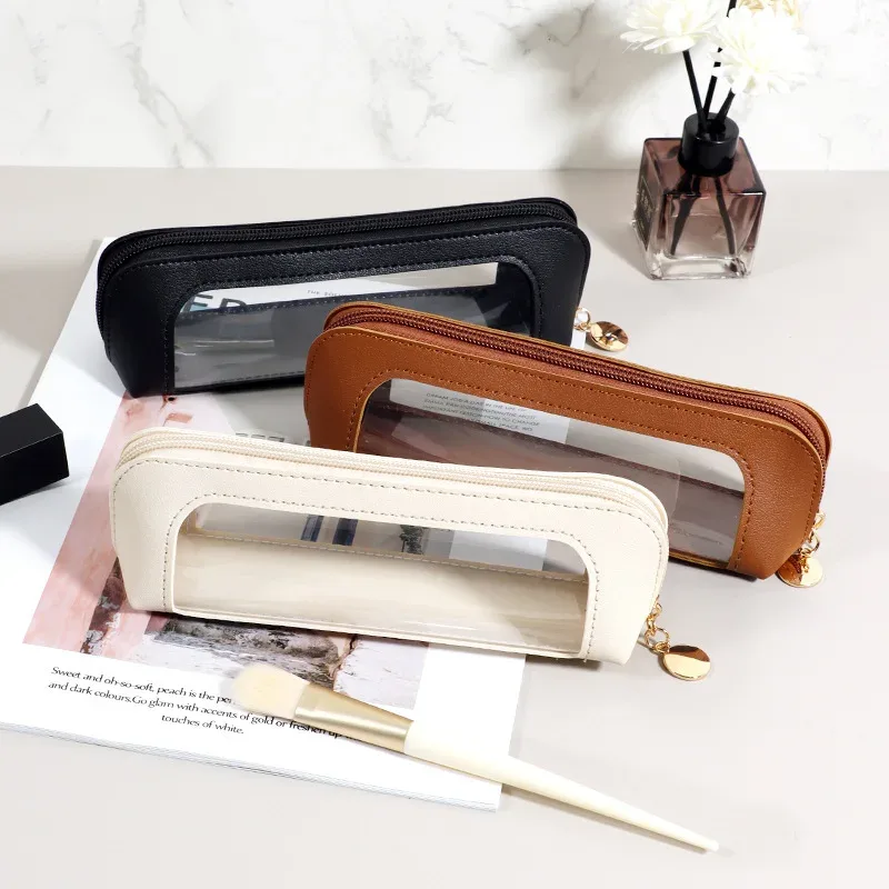 sac à cosmétiques transparent et étanche en pu, sac de rangement pour pinceaux de maquillage de voyage à fermeture éclair, pochette de rangement pour cosmétiques, trousse à crayons