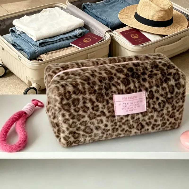Sac de voyage portable en peluche mignon, rose, imprimé léopard, pour écolière, grande trousse de maquillage, sac fourre-tout cosmétique pour femmes