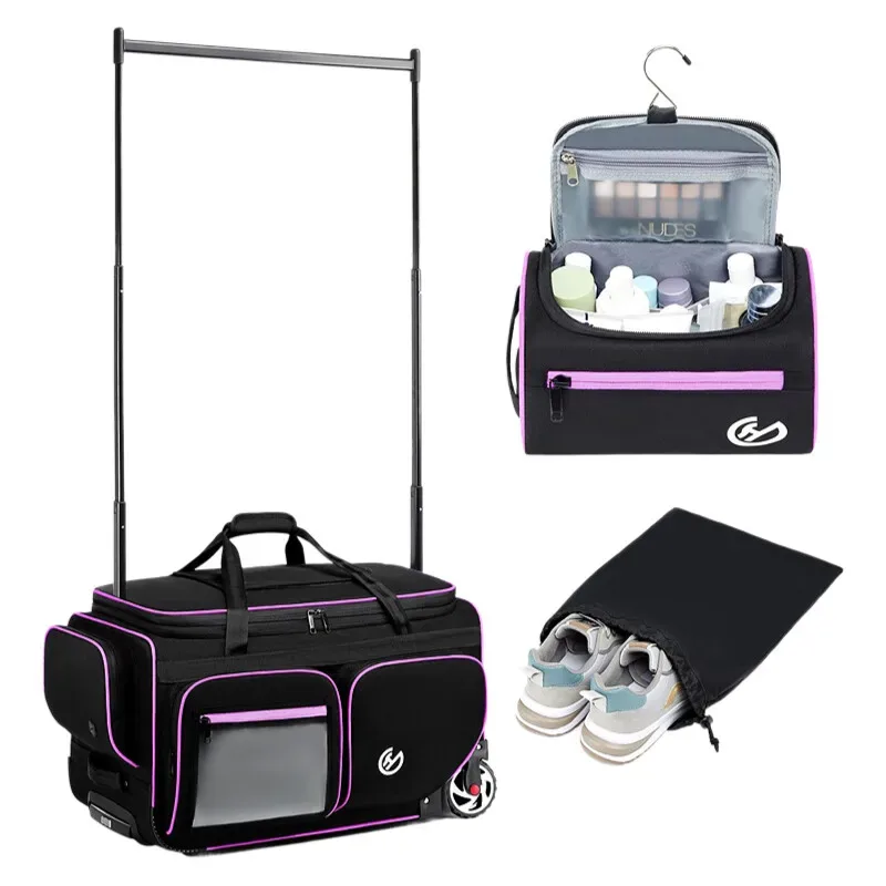 sac de rangement de voyage multifonctionnel, boîtier de chariot de rangement oxford avec support de cintre et compartiments détachables pour sac de sport de danse