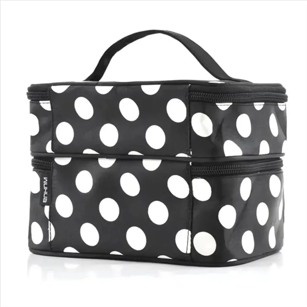 Nouvelle trousse de maquillage double couche grande capacité, portable, à pois, pour voyage, organiseur de toilette
