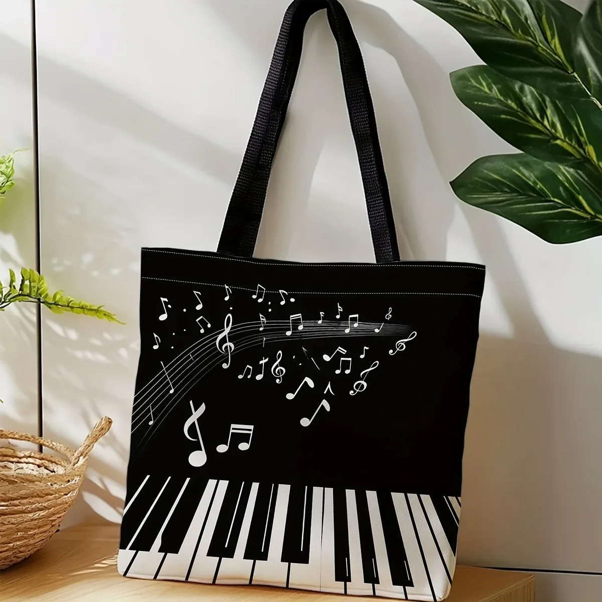 sac fourre-tout réutilisable beige avec imprimé notes de musique et touches de piano, sac à main pour musicien