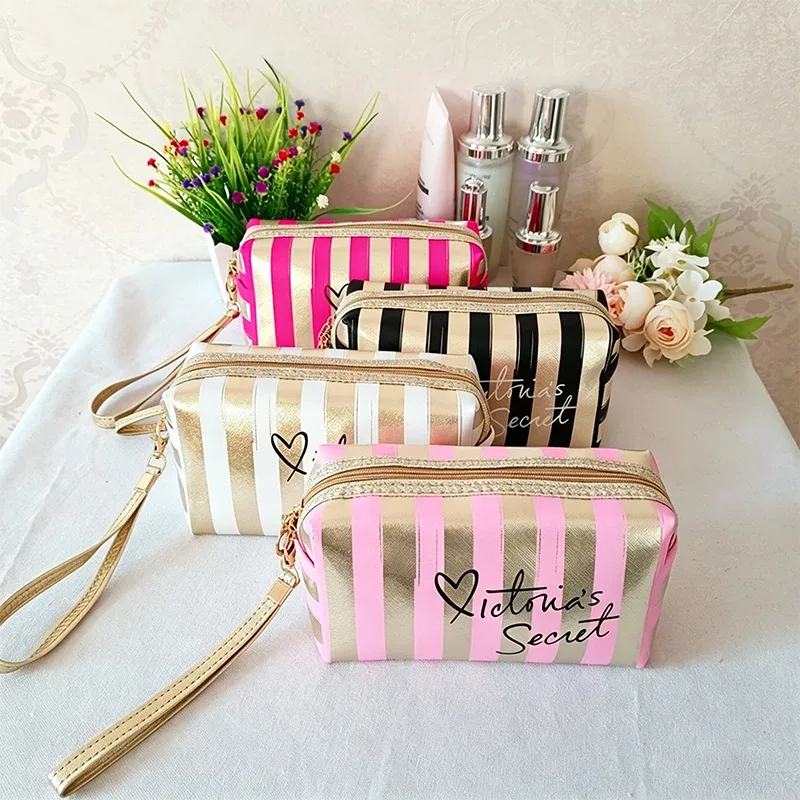 trousse de maquillage rayée imperméable en gros pour femmes, sac cosmétique de voyage avec organisateur de toilette transparent, pochette de plage à fermeture éclair