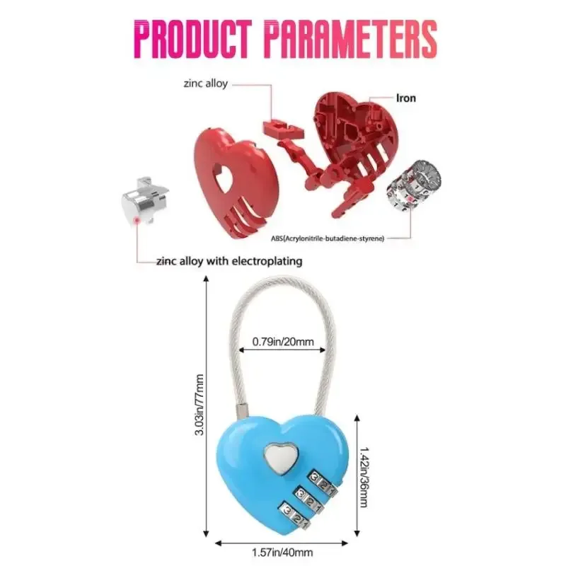 cadenas réinitialisable à 3 chiffres en forme de cœur, cadenas à code pour bagages d'extérieur, cadeau de la saint-valentin