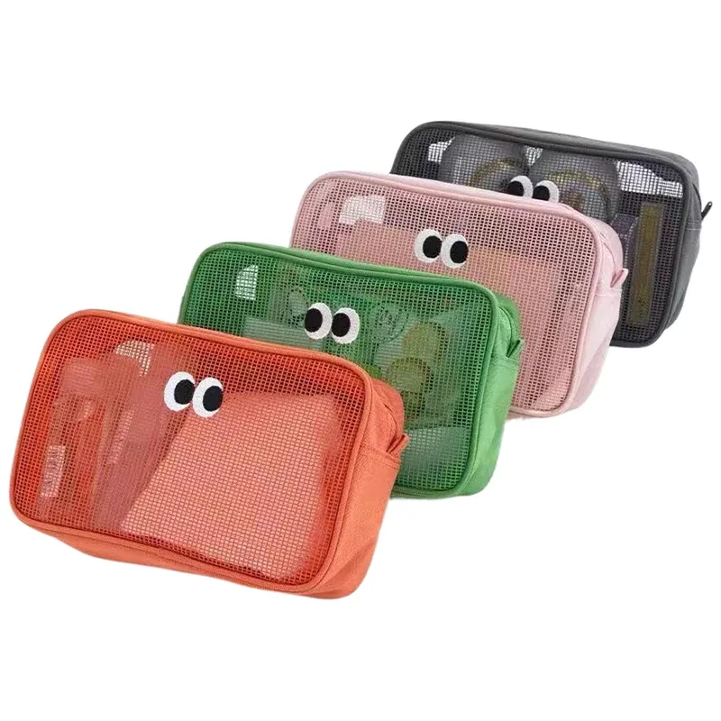 trousse de maquillage portable kawaii, sac cosmétique en maille, sac de rangement de produits de toilette, poudres de maquillage, grands yeux mignons, nouveau document de bonbons