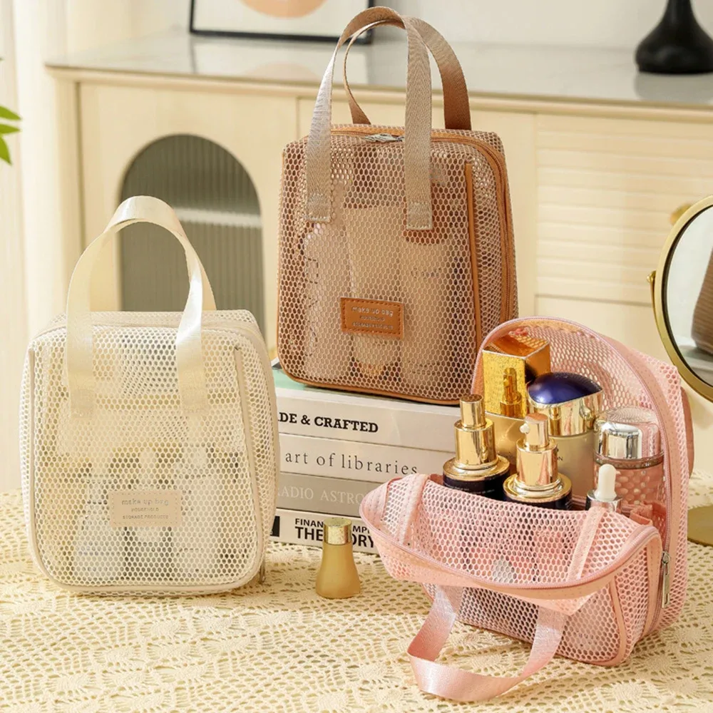 sac de rangement de maquillage fourre-tout transparent en maille simple, sac de toilette pour oreiller, sac de toilette pour cosmétiques, sac de rangement de voyage portable de grande capacité pour femmes