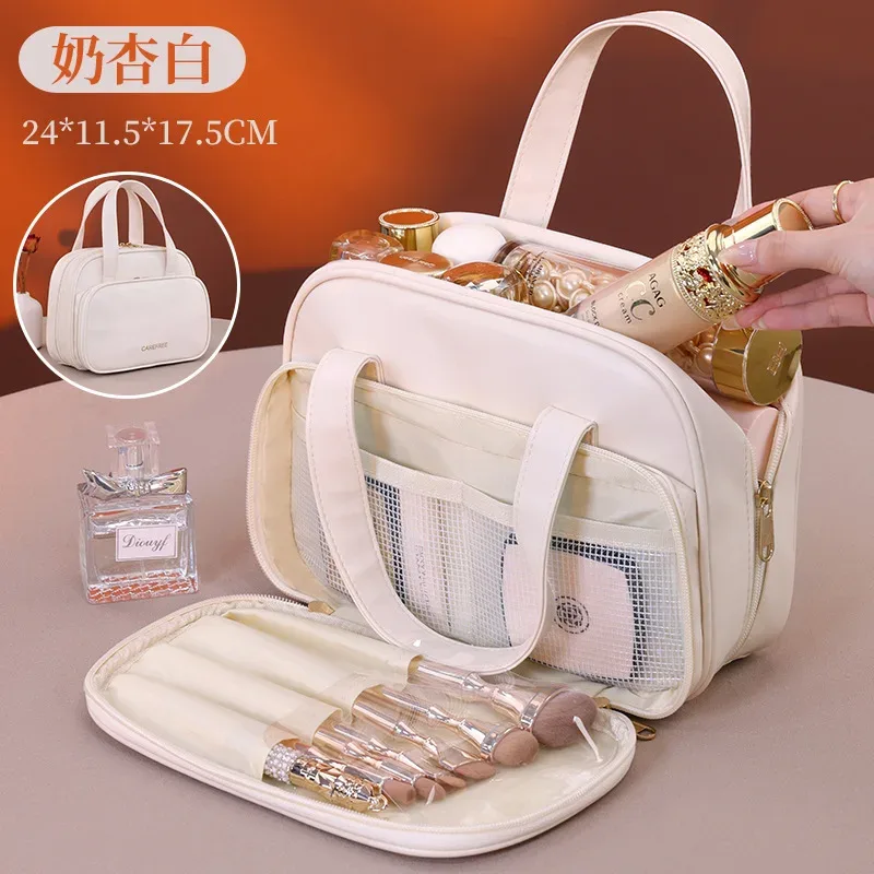 sac de rangement de cosmétiques à deux étages, espace de rangement surdimensionné avec poignées et plusieurs poches, trousse de toilette en matériau pu