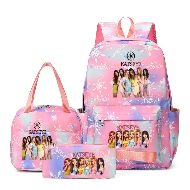 sacs à dos katseye à imprimé amusant, ensemble de 3 pièces, sacs d'école en nylon pour ordinateur portable pour femmes, pour adolescentes, garçons, étudiants, enfants, kawaii