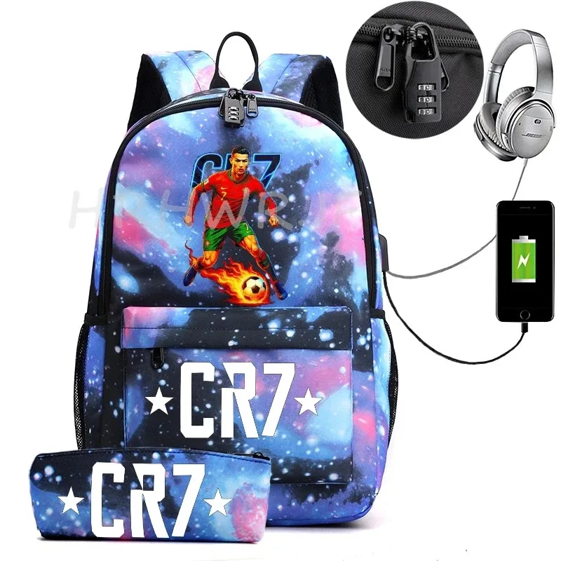 sac à dos usb cr7 pour femmes et hommes, sac à dos de voyage décontracté anti-vol, sacs d'école pour adolescents avec capacité pour ordinateur portable, avec trousse à crayons, 2 pièces