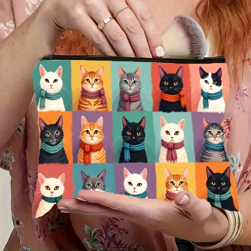 trousse de maquillage imprimée chat mignon avec fermeture à glissière, cadeau portable pour femmes et hommes pour les amoureux des chats, avec visages de chat vibrants et empreintes de pattes